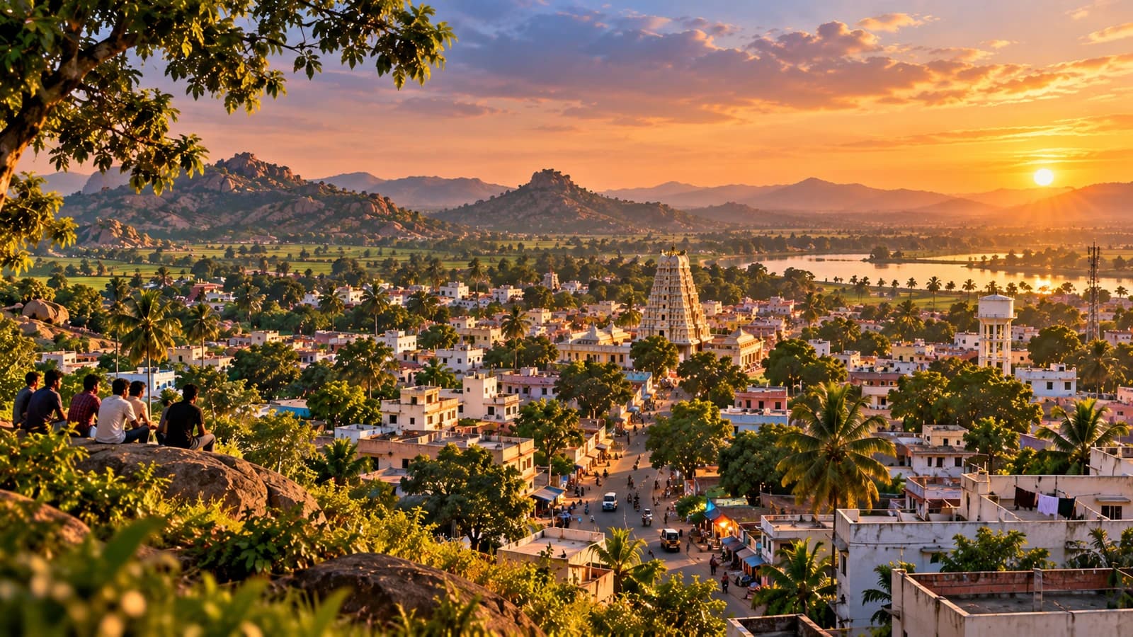 Aerial view of a local Mandal community at sunset